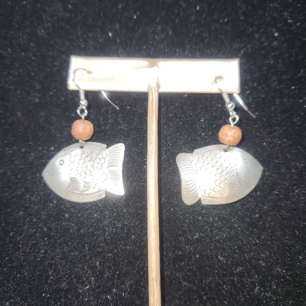 Vintage Etched Silver Tone Fish Drop Earrings with Wood Bead Boho Nautical